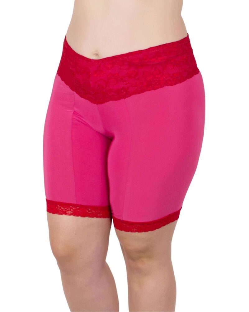 Front of a model wearing a size 2X Lace Anti Chafing Shortlette Slipshort in Fuchsia & Red by Undersummers. | dia_product_style_image_id:332051